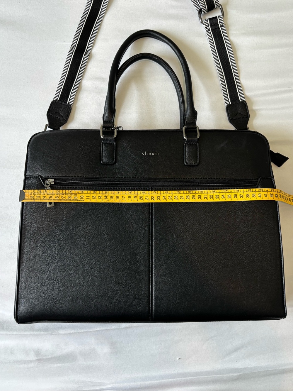 Double Black Leather Briefcase with Striped Detachable Strap - Picture 3 of 9